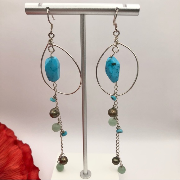 Sterling Silver Pearl Gemstone Beaded Long Dangle Chain Wire Cha Cha Earrings 5” - Picture 5 of 13
